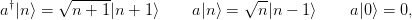         √------                  √ --
a†|n ⟩ =  n +  1|n + 1 ⟩    a|n⟩ =   n|n − 1⟩    a |0⟩ = 0,
