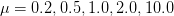 μ =  0.2,0.5, 1.0,2.0,10.0  