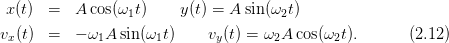 x (t)  =   A cos(ω1t)    y(t) = A sin (ω2t)
v (t)  =   − ω A sin (ω t)    v (t) = ω A cos(ω t).      (2.12)
 x           1       1       y       2       2
