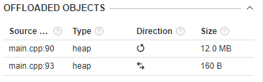 Examine detected memory objects in the Offloaded Objects pane