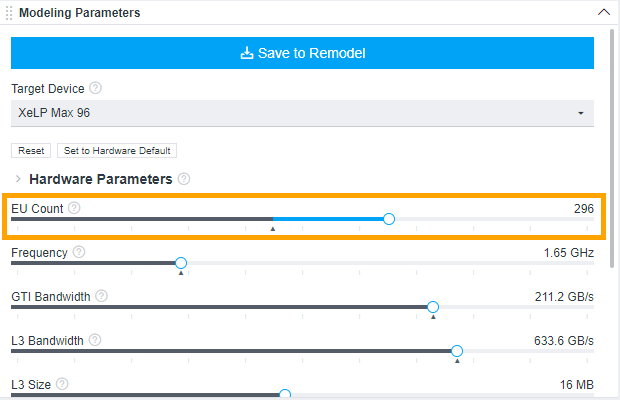 In the Modeling Parameters pane, increase the EU Count value