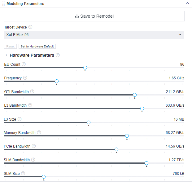 When you open the Summary tab of the Offload Modeling report, you should see the Modeling parameters pane, which shows modifyable target device parameters.