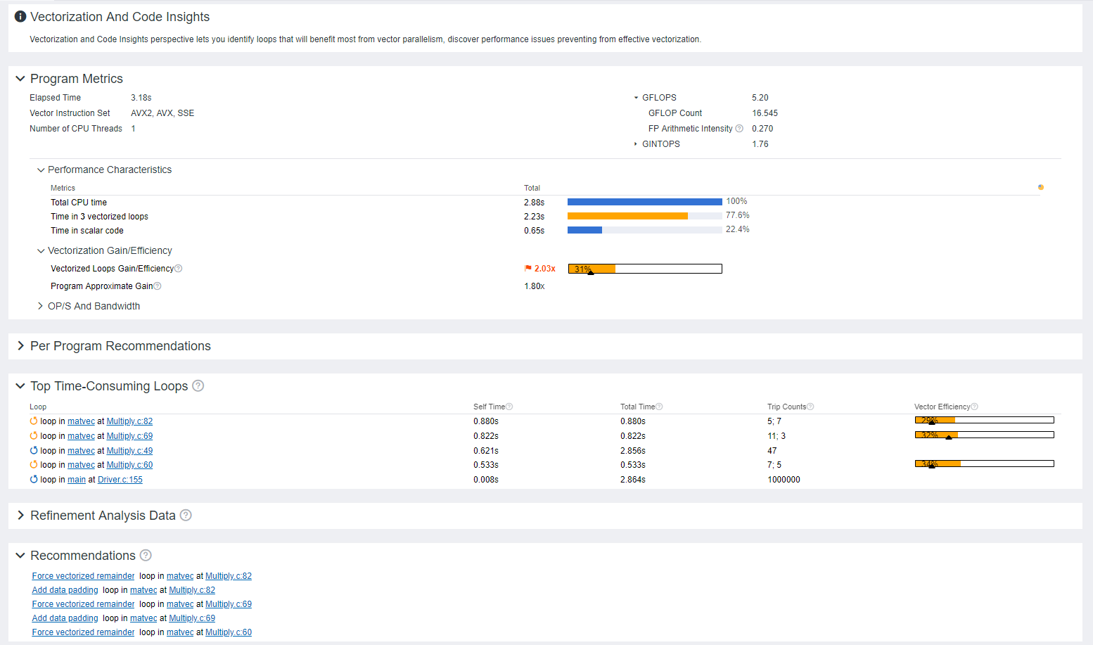 Example of a Vectorization and Code Insights Summary pane