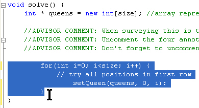 Select the code region by dragging the mouse pointer