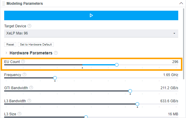 In the Modeling Parameters pane, increase the EU Count value