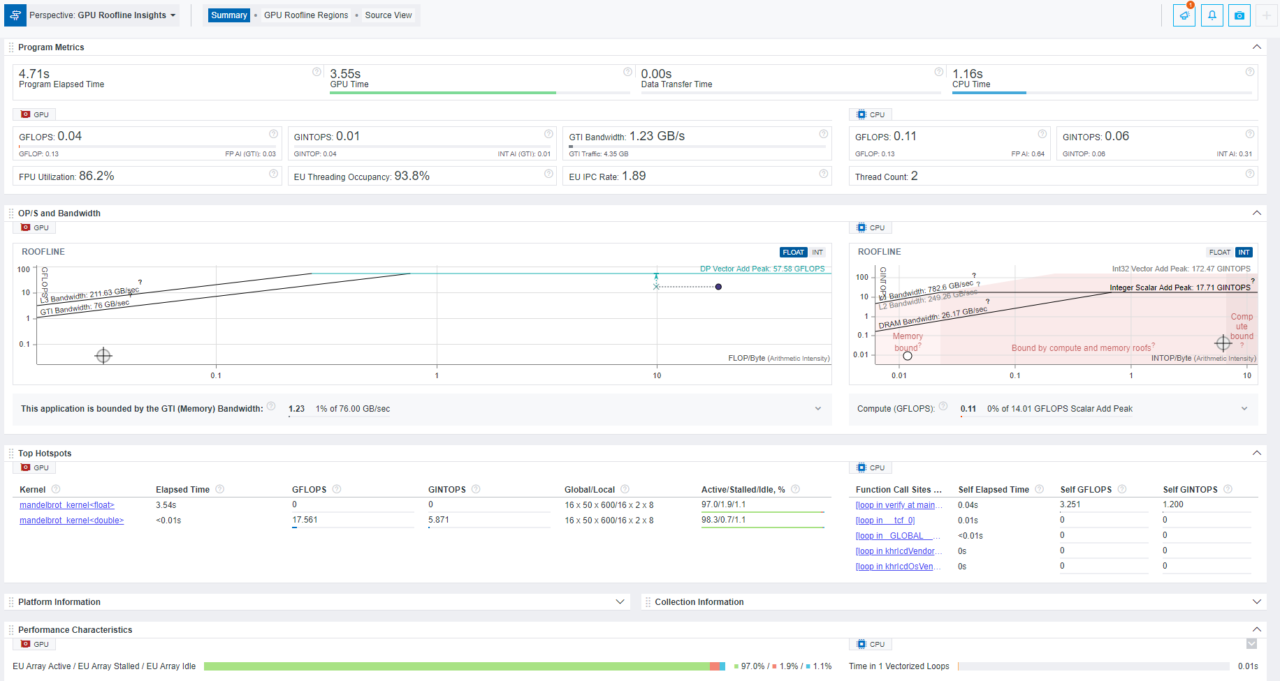Summary report for the GPU Roofline Insights