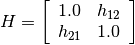 H = \left[
\begin{array}{ccc}
1.0 & h_{12} \\
h_{21} & 1.0
\end{array}
\right]