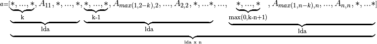 \scriptstyle a =
   [\underbrace{
    \underbrace{\underbrace{*,...,*}_\text{k},A_{11},*,...,*}_\text{lda},
    \underbrace{\underbrace{*,...,*}_\text{k-1},A_{max(1,2-k),2},...,A_{2,2},*,...*}_\text{lda},
    ...,
    \underbrace{\underbrace{*,...,*}_\text{max(0,k-n+1)},A_{max(1,n-k),n},...,A_{n,n},*,...*}_\text{lda}
    }_\text{lda x n}]