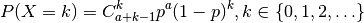 P(X = k) = C_{a+k-1}^k p^a (1-p)^k,
k \in \{0, 1, 2, \ldots\}