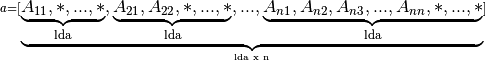 \scriptstyle a =
   [\underbrace{\underbrace{A_{11},*,...,*}_\text{lda},
                \underbrace{A_{21},A_{22},*,...,*}_\text{lda},
                ...,
                \underbrace{A_{n1},A_{n2},A_{n3},...,A_{nn},*,...,*}_\text{lda}}
                _\text{lda x n}]