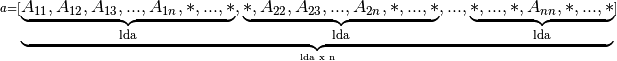 \scriptstyle a =
   [\underbrace{\underbrace{A_{11},A_{12},A_{13},...,A_{1n},*,...,*}_\text{lda},
                \underbrace{*,A_{22},A_{23},...,A_{2n},*,...,*}_\text{lda},
                ...,
                \underbrace{*,...,*,A_{nn},*,...,*}_\text{lda}}
                _\text{lda x n}]
