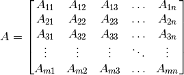 A = \begin{bmatrix}
    A_{11} & A_{12} & A_{13} & \ldots & A_{1n}\\
    A_{21} & A_{22} & A_{23} & \ldots & A_{2n}\\
    A_{31} & A_{32} & A_{33} & \ldots & A_{3n}\\
    \vdots & \vdots & \vdots & \ddots & \vdots\\
    A_{m1} & A_{m2} & A_{m3} & \ldots & A_{mn}
    \end{bmatrix}