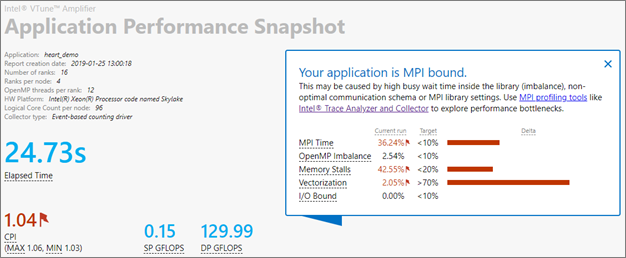 The snapshot has flags for MPI Time, Memory Stalls, and Vectorization
